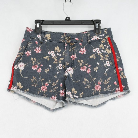 Sundry Shorts Women Mid Rise Banded Waist Frayed Floral Printed Cotton Navy 26 - Picture 3 of 7